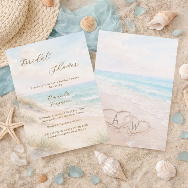 Convites Beach hearts initials sand Bridal Shower (Criador carregado)