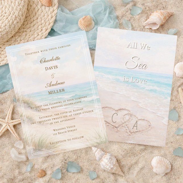 Convites Beach hearts sand initials wedding (Criador carregado)