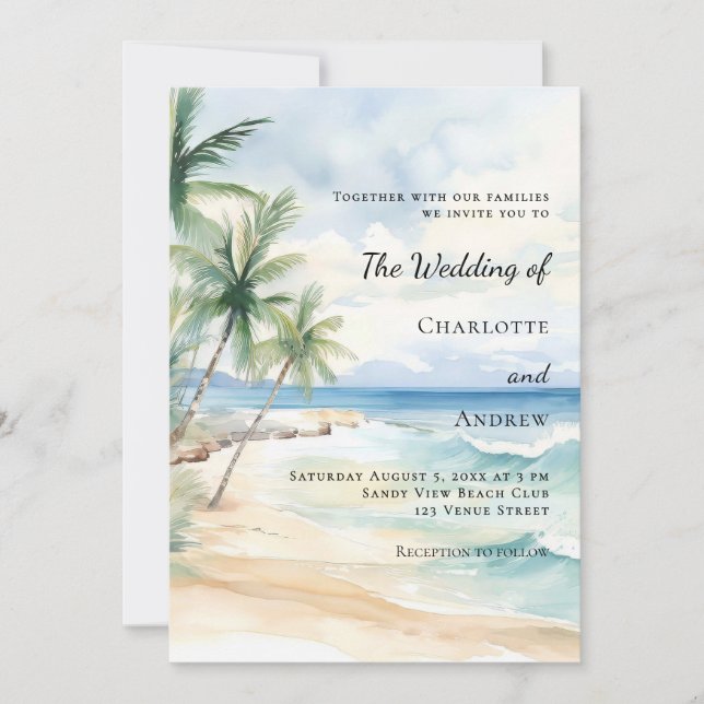 Convites Beach ocean tropical palm destination wedding (Frente)