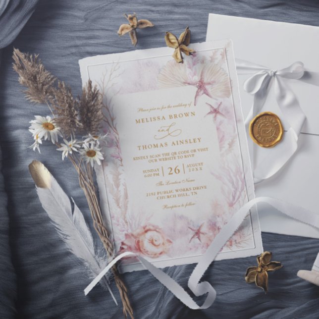 Convites Beach Ocean Wedding Tropical Chic QR Code Wedding (Criador carregado)