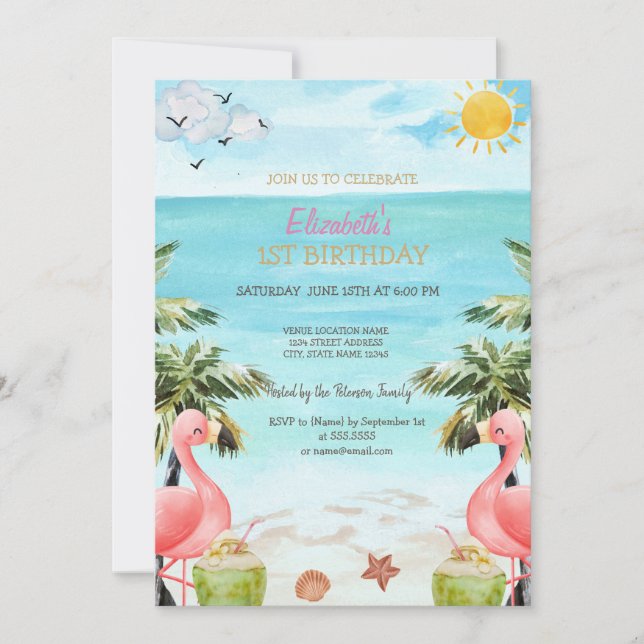 Convites Beach Palm Pink Flamingos Cocktail 1º   (Frente)