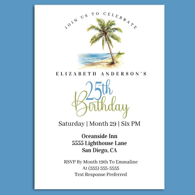 Convites Beach Palm Tree 25th Birthday (Tropical beach 25th birthday invitation with palm tree ocean watercolor design)