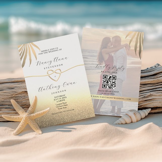Convites Beach Photo Gold Wedding (Criador carregado)