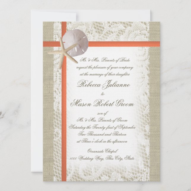 Convites Beach Romance Burlap e Lace Wedding Coral (Frente)