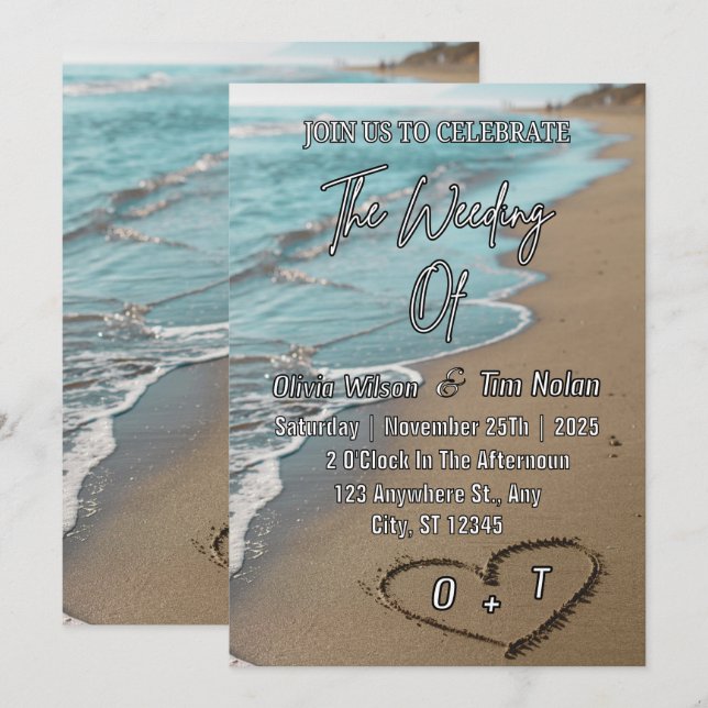 Convites Beach Sand Hearts Elegant Tropical Modern Wedding (Frente/Verso)