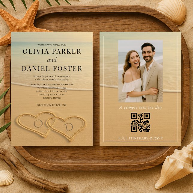 Convites Beach Sand Hearts Tropical Photo QR Code Wedding  (Criador carregado)