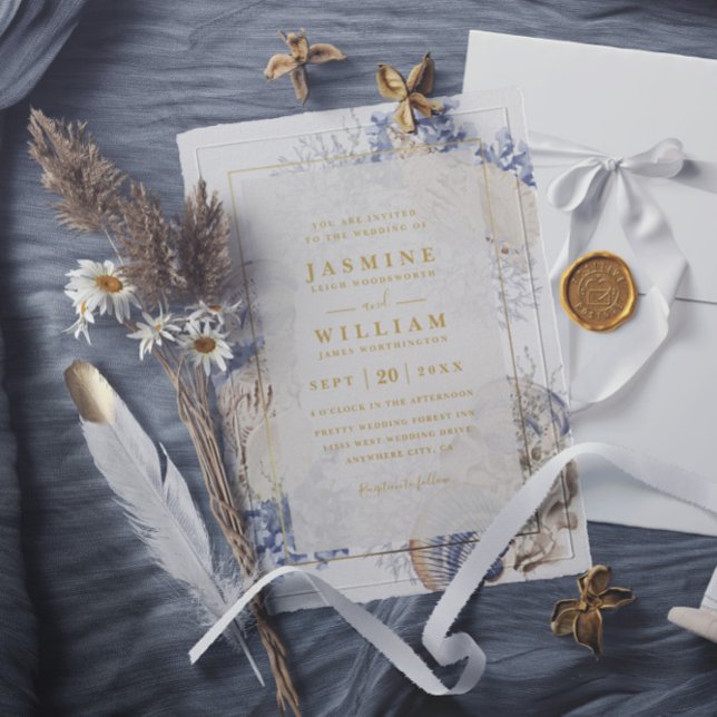 Convites Beach Sea Shells Elegant Modern QR Code Wedding (Criador carregado)