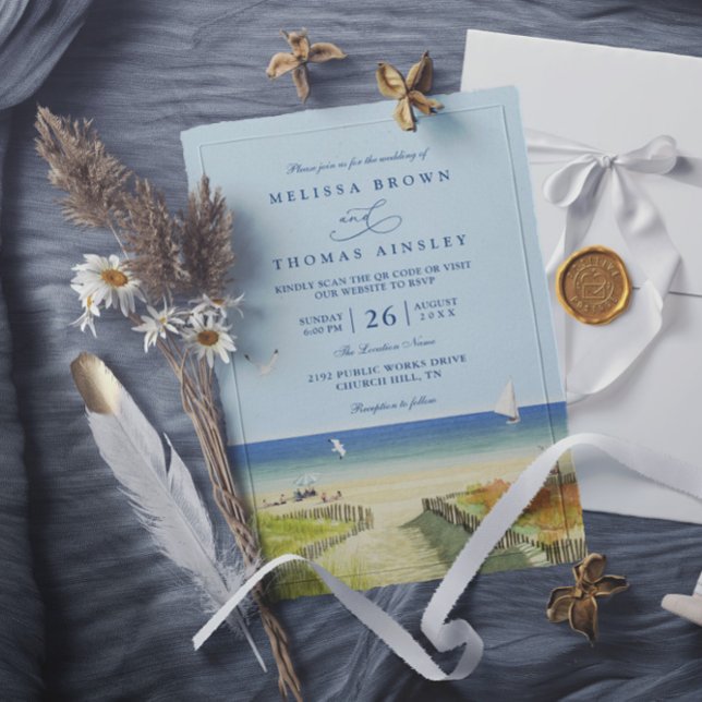 Convites Beach Sea Tropical Sandy Elegant QR Code Wedding (Criador carregado)