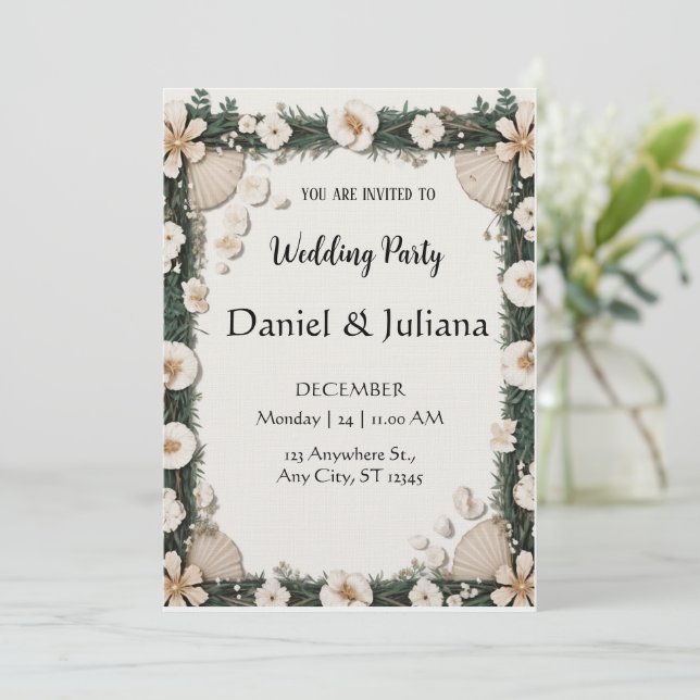 Convites Beach Shell & Floral Frame Engagement Invitation (Em pé/Frente)