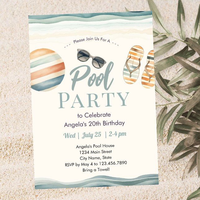 Convites Beach Summer Pool Party Birthday  (Criador carregado)