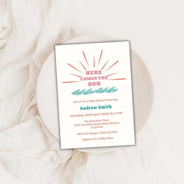 Convites Beach Sunshine Vem O Chá de fraldas Do Filho (Beach Sunshine Here Comes The Son Baby Shower Invitation)