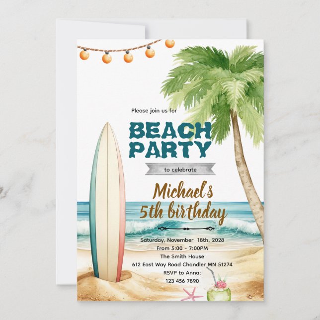 Convites Beach surf theme invitation (Frente)
