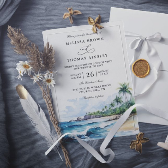 Convites Beach Tropical Elegant Modern QR Code Wedding (Criador carregado)