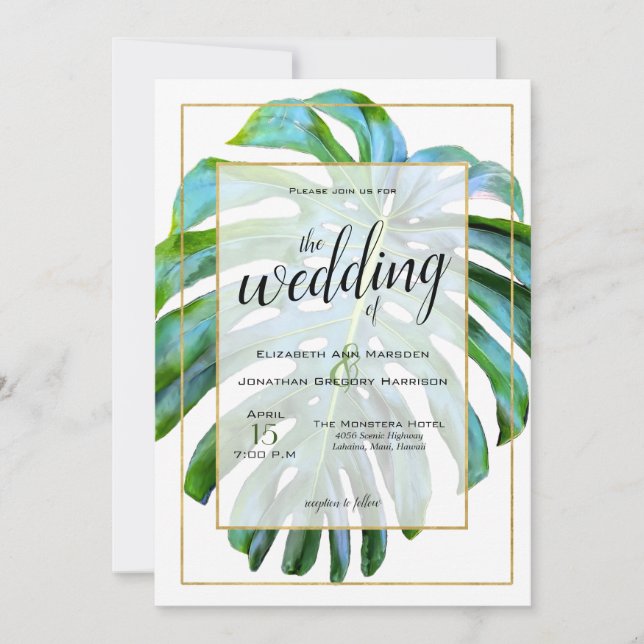 Convites Beach Tropical Hawaii Leaf Photo Greenery Weding (Frente)