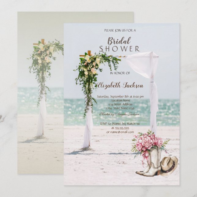 Convites Beach Wedding Arbor Cowgirl Boots Bridal Shower (Frente/Verso)