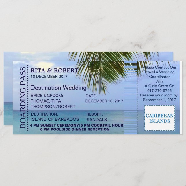 Convites Beach Wedding | Bilhete de Embarque - Destino (Frente/Verso)