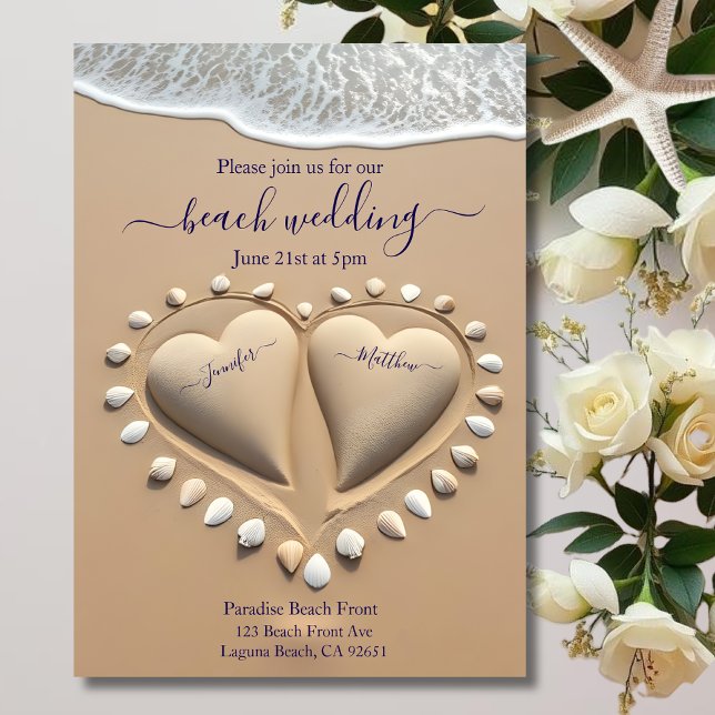 Convites Beach Wedding-Sand Hearts (Beach Wedding-Sand Hearts Invitation )