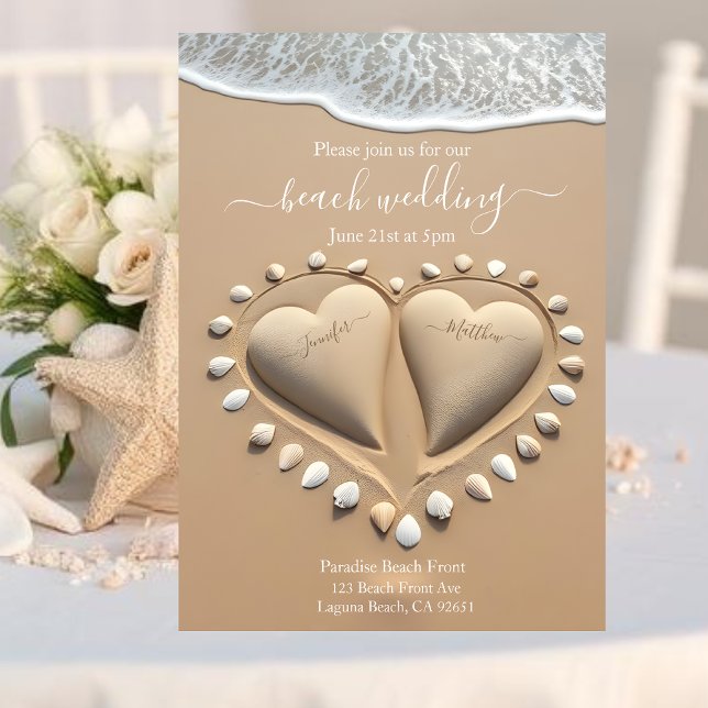 Convites Beach Wedding-Sand Hearts (Beach Wedding-Sand Hearts Invitation)