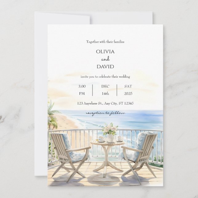 Convites Beachside Resort Balcony Ocean View Beach Weding (Frente)
