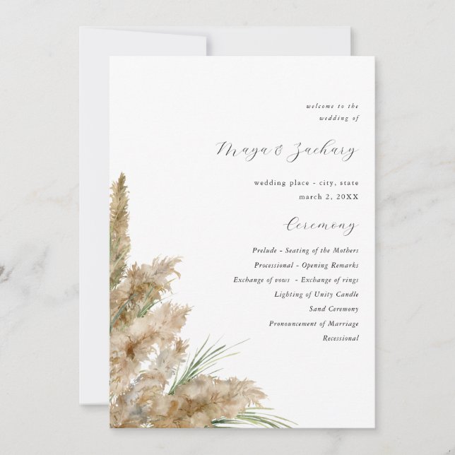 Convites Beachy Boho Pampas Grass Ceremony Program (Frente)