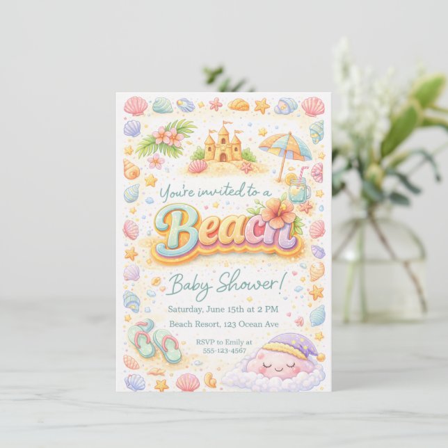 Convites “Beachy Vibes” Baby Shower Invitation (Em pé/Frente)