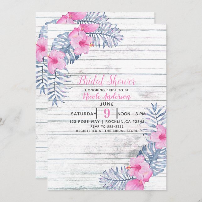 Convites Beachy White Wood Flores Tropicais De Hibisco Flor (Frente/Verso)