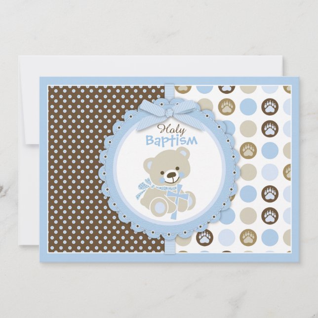 Convites Bear Baby Boy Baptism Blue (Frente)