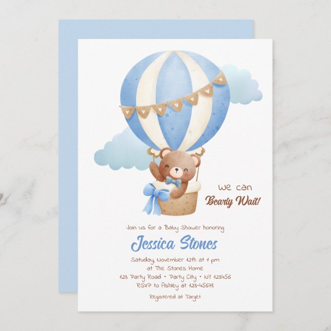 Convites Bear Baby Shower Invices Boy Hot Air Balloons (Frente/Verso)