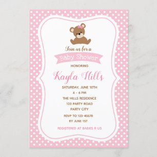 Convites Bear Baby Shower Invices (Rapariga) Bolinhas Rosa