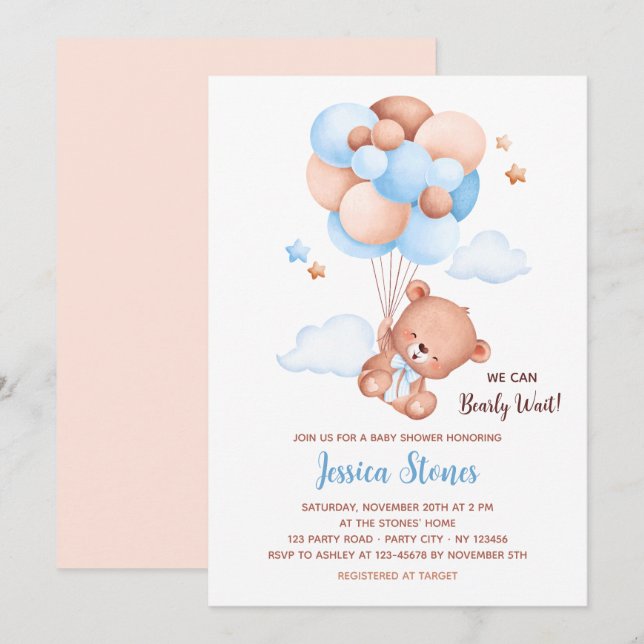 Convites Bear Baby Shower Invtions - Cérebros Balões (Frente/Verso)