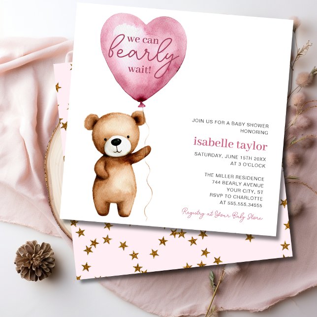 Convites Bear Balão Esperando Chá de Garota (Bear Balloon Bearly Wait Baby Girl Shower Invitation)