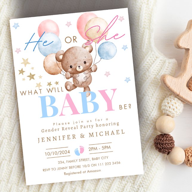 Convites Bear Balão Sexo Revelar Festa Menina ou Menina (Bear Balloon Gender Reveal Party Boy or Girl Invitation)