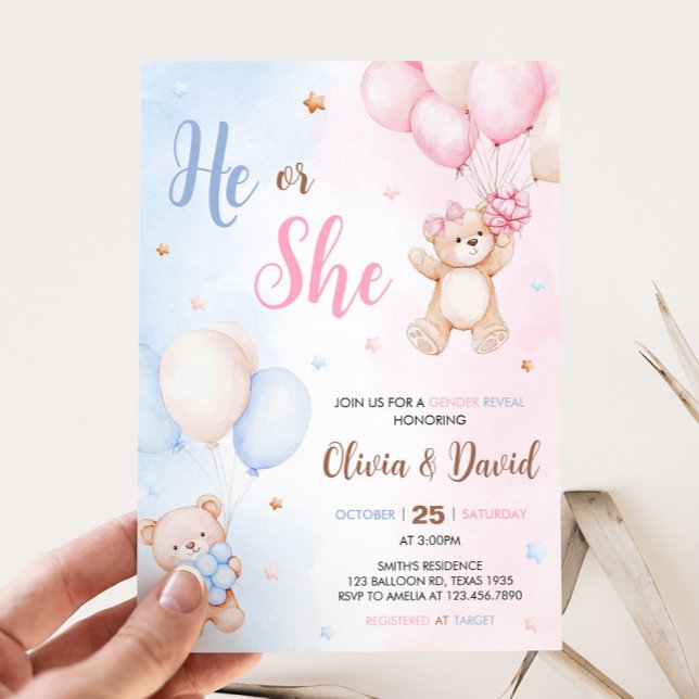 Convites Bear Balloon Gender Reveal  (Bear Balloon He or She Gender Reveal Invitation)