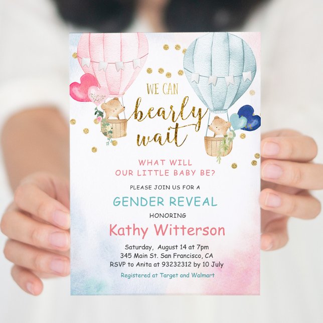 Convites Bear Balloon Gender Reveal Baby Shower Invitation (Criador carregado)