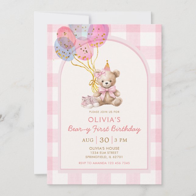 Convites Bear Balloon Pink Gingham Beary First Birthday (Frente)