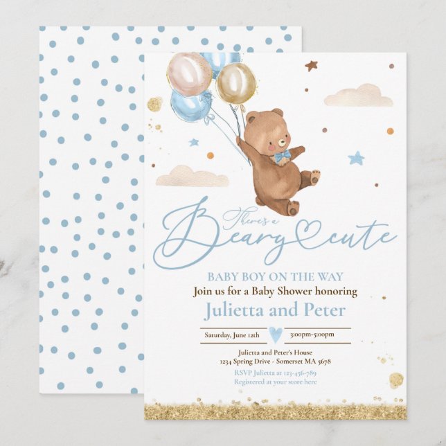 Convites Bear Bear Cute Baby Boy Blue Chá de fraldas (Frente/Verso)