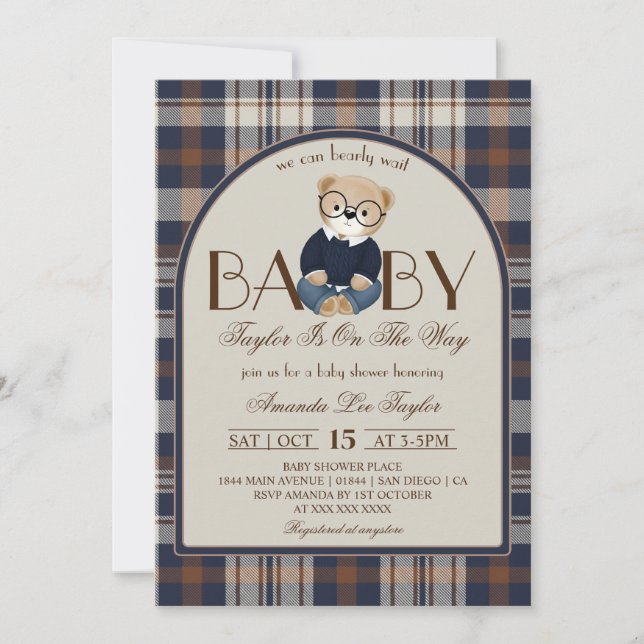Convites Bear Bearly Wait Luxury Boy Baby Shower (Frente)