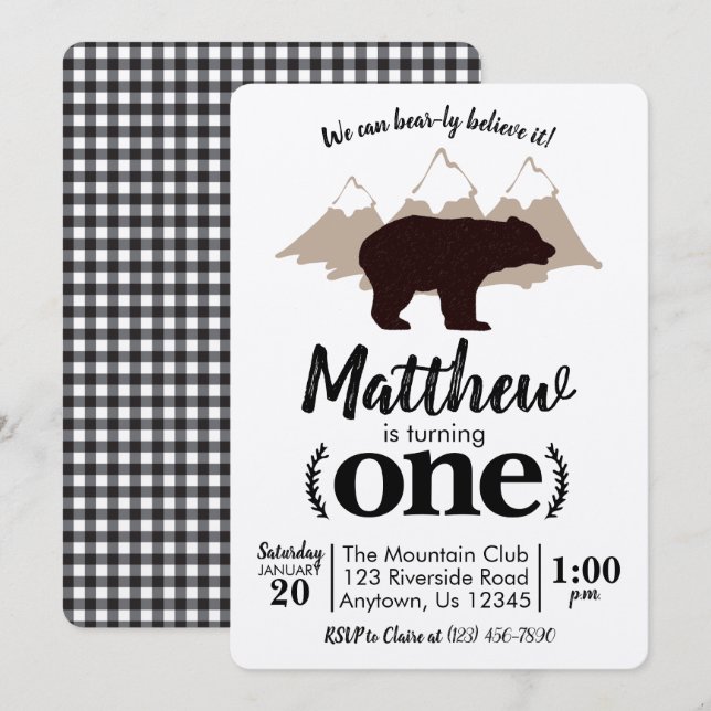 Convites Bear Boy Primeiro Aniversário Lumberjack Kraft (Frente/Verso)