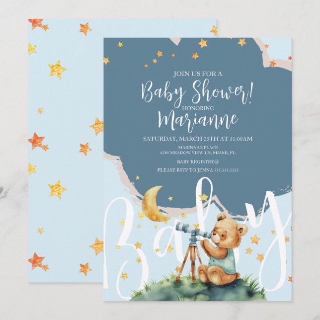Convites  Bear Boy Stars Baby Shower  Invitation (Frente/Verso)