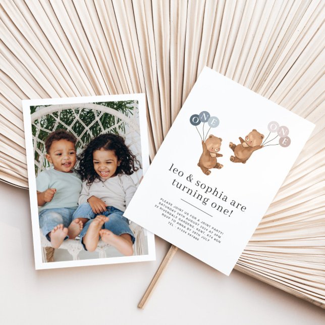 Convites Bear Boy Twins - primeiro aniversario de fotos (Criador carregado)