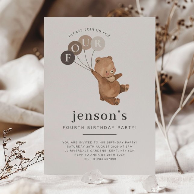Convites Bear Brown Balões 4º Aniversário (Criador carregado)