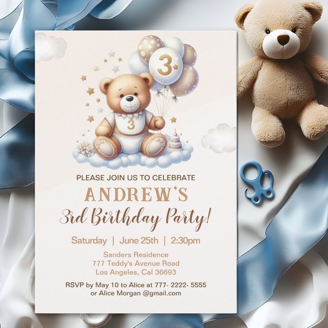 Convites Bear Cute 3rd Birthday Party – Brown Teddy Bear (Criador carregado)