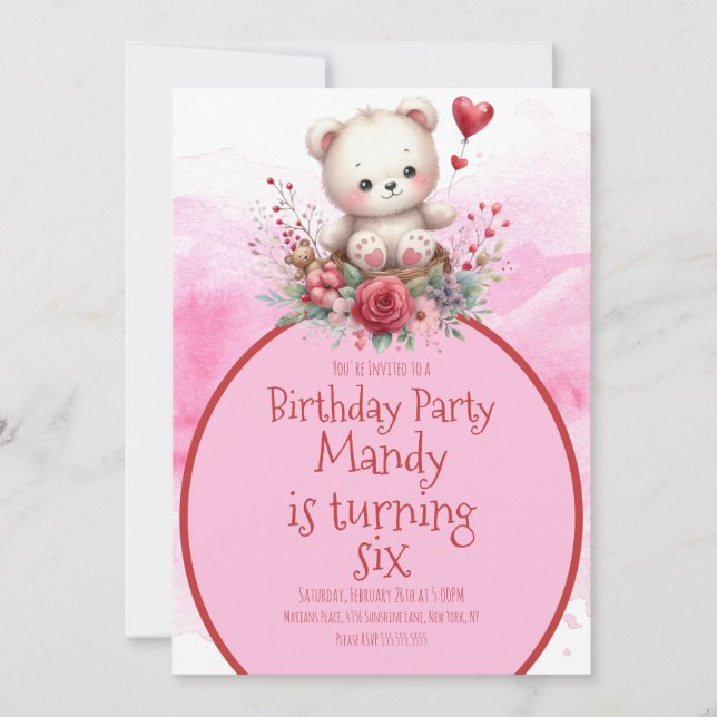 Convites Bear Floral Watercolor Red Birday (Frente)