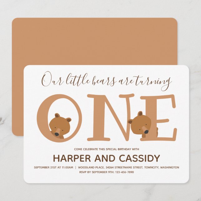 Convites Bear Gêmeos Um Animal Grito Primeiro Aniversário (Frente/Verso)