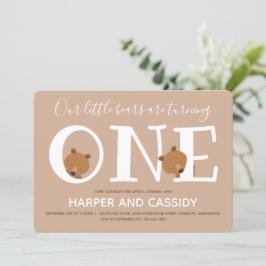 Convites Bear Gêmeos Um Animal Marrom Primeiro Aniversário