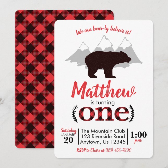 Convites Bear Lumberjack Boy Primeiro Aniversário (Frente/Verso)