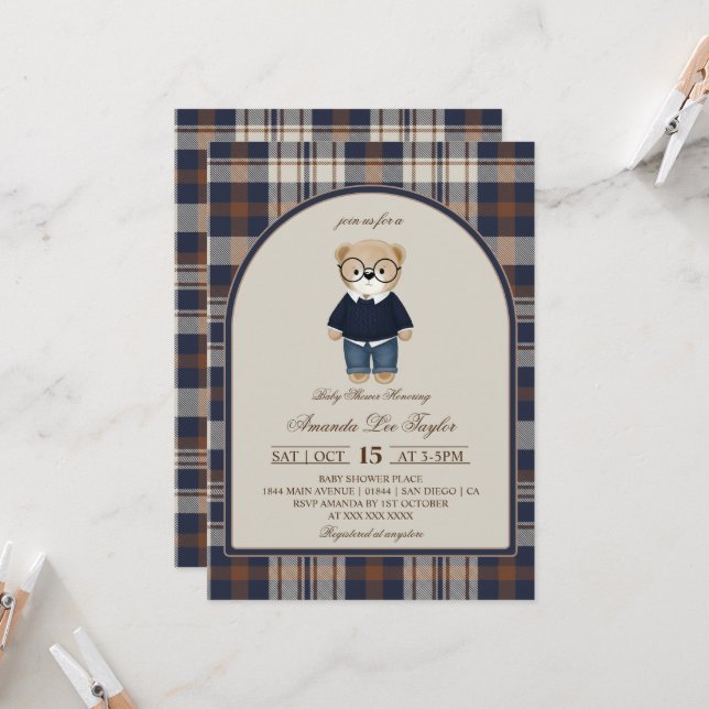 Convites Bear Luxury Plaid Boy Baby Shower (Frente/Verso In Situ)