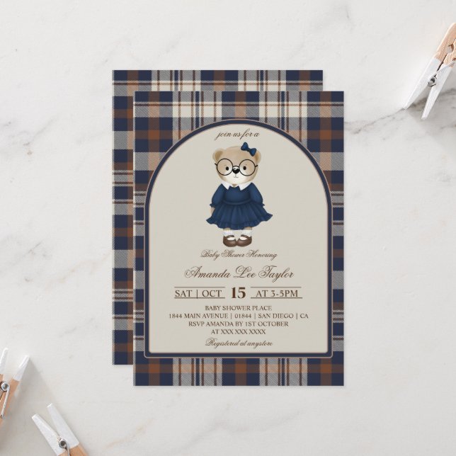 Convites Bear Luxury Plaid Girl Baby Shower (Frente/Verso In Situ)