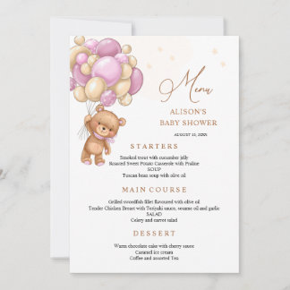 Convites Bear Pink Balloons Baby Shower Menu