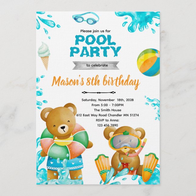 Convites Bear Pool Party Birthday Invitation (Frente)